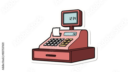 Retro Pink Cash Register With Digital Display And Receipt Drawer On Black Background
