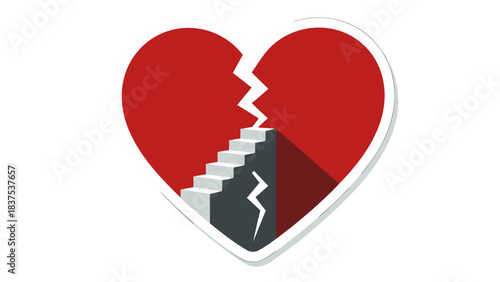 Red Broken Heart Symbol with Staircase Graphic Representing Emotional Journey and Recovery on Black Background with White Outline Stylized Illustration