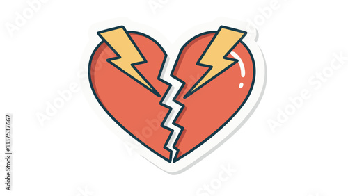 Red Broken Heart With Yellow Lightning Bolts Graphic Illustration Sticker Style Minimalist Design