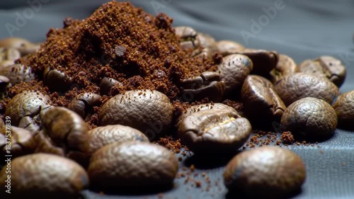 Close-up of a mound of ground coffee and scattered beans on a textured dark gray surface