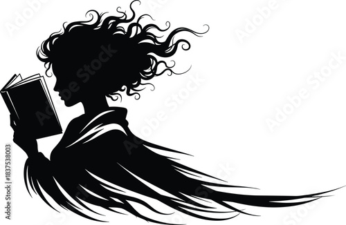 Mystical Silhouette of a Woman Reading a Book, Featuring Flowing Hair and Fabric Elements, Symbolizing Fantasy, Imagination, Knowledge, and the Power of Storytelling, Isolated Black Vector.