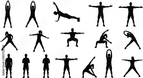 Set of Workout Silhouettes, People Exercising, Fitness Stretching, Warm Up, Cardio, Yoga, Black and White Vector Illustration Content