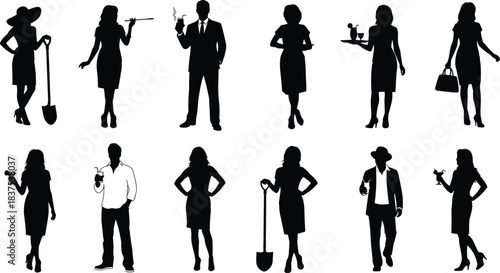 Set of Six Black Silhouettes of Women Sitting on Chairs in Various Poses, Including Thoughtful and Relaxed Postures, Vector Illustration.