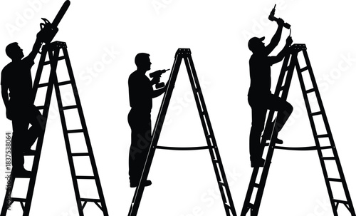 Silhouette collection of three men on ladders using power tools, including a chainsaw, drill, and screwdriver, illustrating construction, home repair, manual labor, and handyman services.