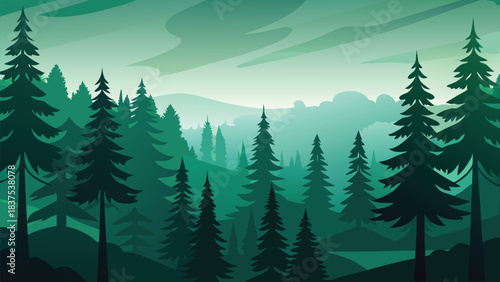 A misty winter forest landscape featuring snow-covered evergreen pine and fir trees against cold mountain hills under a foggy sky