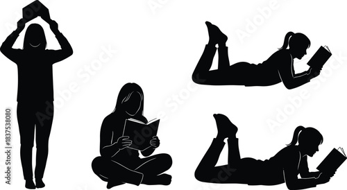 Silhouette collection of women and girls reading books in various poses, including standing, cross-legged sitting, and lying on their stomach, depicting relaxation and literacy.