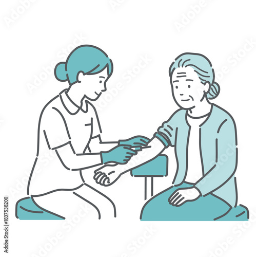 看護師による高齢女性の採血イラスト（腕・検診）