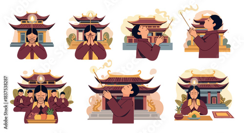 Buddhist praying figures in temples with serene expressions