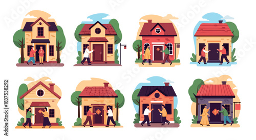 People visiting houses, suburban scene, family homes