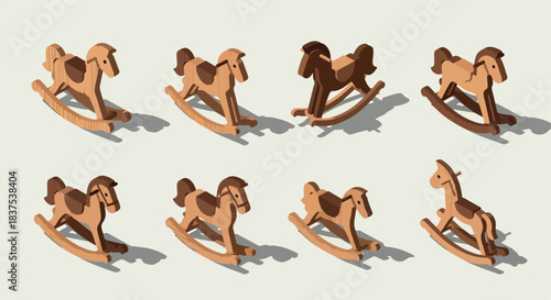 Wooden rocking horses collection in various shades