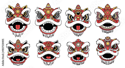 Chinese lion dance masks collection with transparent background