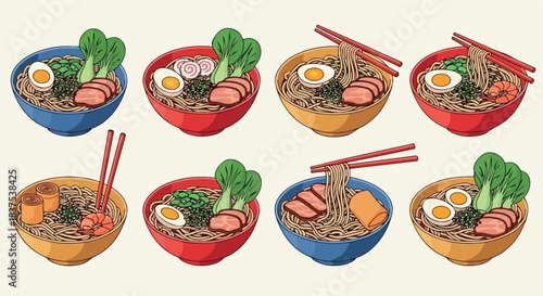 Ramen bowls collection with various toppings