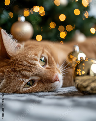 This serene image portrays a relaxed ginger cat resting beside festive ornaments, reflecting tranquility and the comforting essence of the holiday season in a cozy atmosphere.