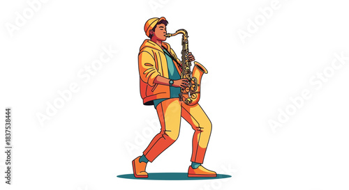 Saxophone player in vibrant attire performing with passion and musical expression.