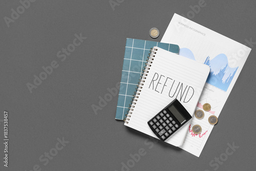 Notebook with word REFUND, ...