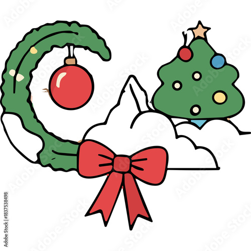 Festive Christmas Wreath Adorned With A Red Bauble And Fairy Lights Next To A Decorated Green Christmas Tree With A Red Bow Accent On Black Background