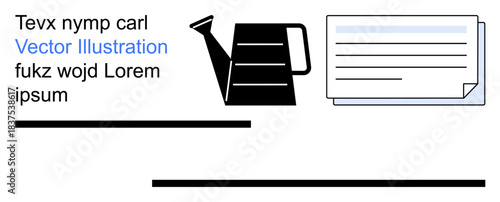 Gardening, organization, stationery, design, mockup, template, text formatting. Watering can icon alongside a document symbol and placeholder text. Gardening and organization concept