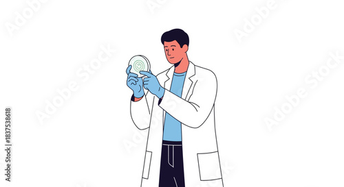 Scientist examining petri dish conducting scientific research in laboratory setting wearing gloves.
