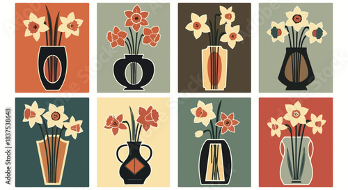 Daffodils in vases, retro style, colorful floral arrangement