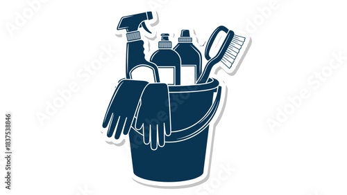 Set of Cleaning Supplies in a Bucket With Gloves and Brushes For Household Chores And Sanitation