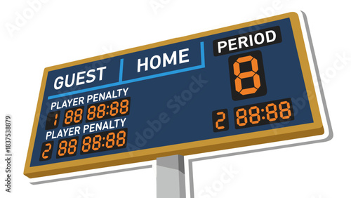 Retro Pixel Art Sports Scoreboard Displaying Guest Home Team Scores Period and Player Penalties with Orange Digital Numbers on a Dark Blue and Yellow Board Against a Black Background