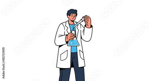 Scientist in lab coat carefully working with chemical equipment for research.