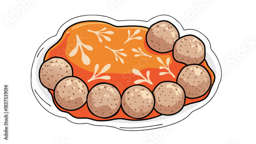 Round Meatballs Arranged On A White Plate With Tomato Sauce And White Leafy Design In Top Down View