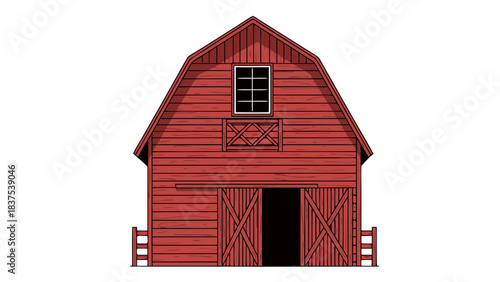 Rustic Red Barn Exterior Detailed Architectural Illustration with Wooden Planks and Large Opening Doors Isolated on Black Background