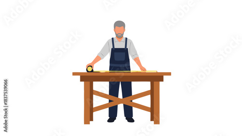 Senior Craftsman Wearing Blue Overalls and Grey Shirt Measures a Wooden Table with a Yellow Tape Measure in a Studio Setting with Black Background Detailed Pixelated Illustration