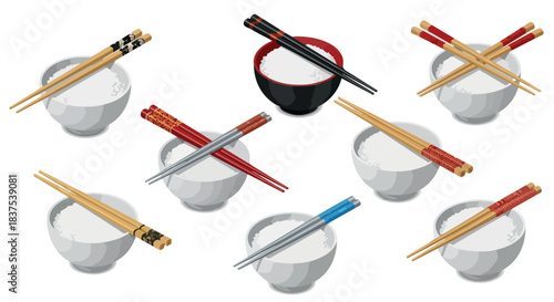 Rice bowls with chopsticks in various colors