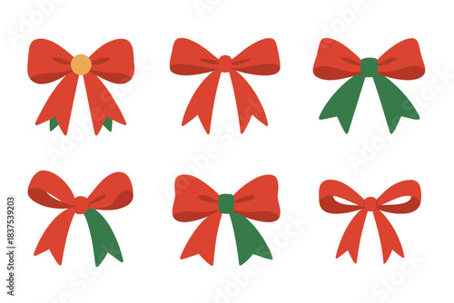 Gift bows flat icon set. featuring holiday ribbons, festive decor, celebration, red and green bows
