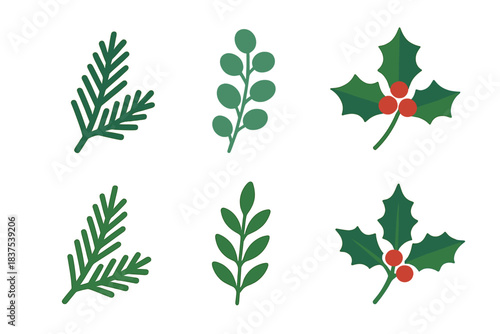 Christmas foliage silhouette icon set. featuring pine, mistletoe, and holly leaves
