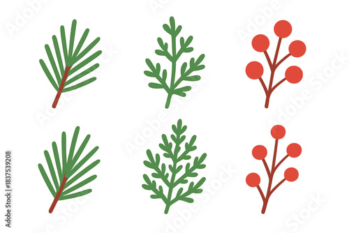 Nature elements flat icon set. featuring pine branches, fir sprigs, berry clusters