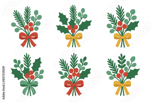 Christmas celebration flat icons set. featuring holly, berries, bow, and festive bouquets