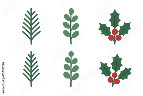 Christmas plants flat icon set. featuring holly, mistletoe, and pine branch symbols