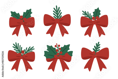 Christmas decoration flat icon set. featuring festive bows, holly, pine branches, berries, holiday elements