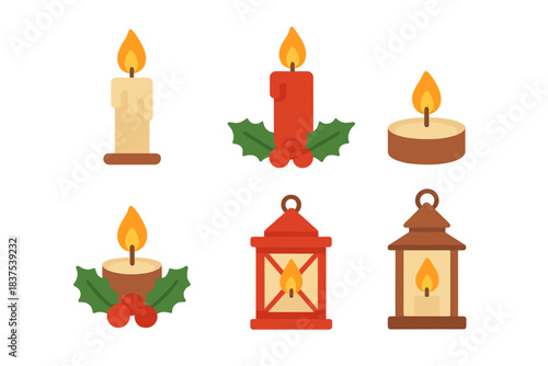 Christmas candle flat icons set. featuring pillar, holly-adorned, lantern, tealight, and red candles