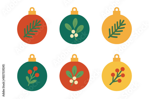 Christmas ornaments flat icon set. featuring holly, mistletoe, evergreen, berries, pine, and festive baubles