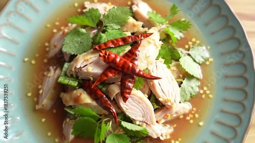 Close-up of sliced chicken salad with herbs and red chili peppers on a blue plate with patterned rim