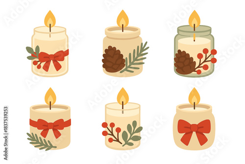 Christmas silhouette icon set. featuring candles, pinecones, holly, and ribbon decorations