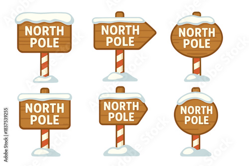 Holiday north pole flat icon set. featuring wooden signs with snow, directional arrows, and festive poles