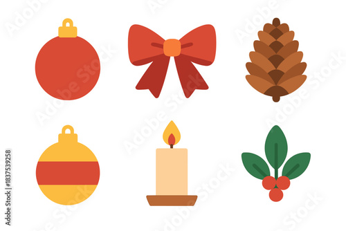 Christmas decoration flat icon set. featuring bauble, bow, pinecone, candle, and holly