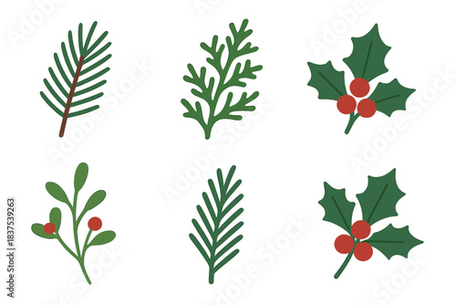 Holiday foliage linear icon set. featuring pine, cedar, holly, and mistletoe branches