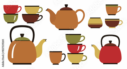 Stacked teacups and teapots in warm autumn colors