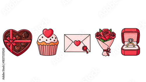 Valentine's Day Icon Set: A charming arrangement of Valentine's Day essentials, including a heart-shaped box of chocolates, a cupcake, a romantic letter, a bouquet of roses, and a ring.