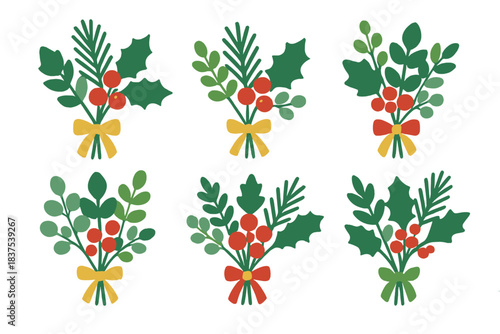 Christmas decorations flat icons set. featuring holly, berries, leaves, bows, festive greenery symbols