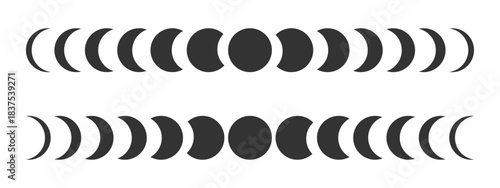 Set of moon phases. Infographic of Lunar calendar cycle. New, quarter, crescent and full Luna sphere silhouettes isolated on white background. Astrology or mystic sings. Vector graphic illustration