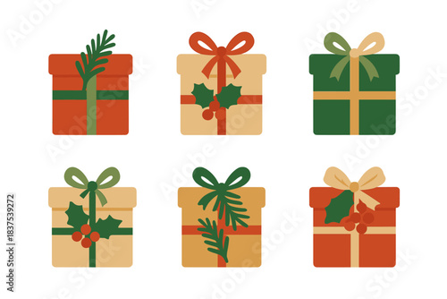 Christmas gifts flat icon set. featuring presents adorned with ribbons, holly, and sprigs of pine