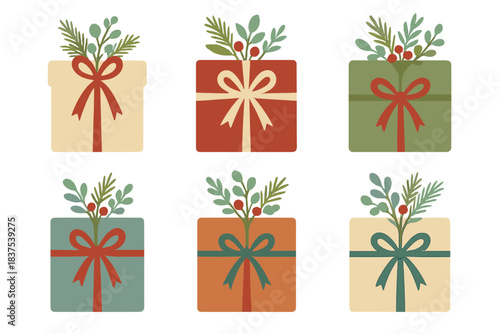 Christmas gifts flat icons set. featuring present, ribbon, bow, holly, decoration, and festive symbols