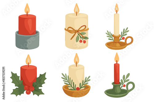 Holiday candle flat icon set. featuring pillar candles, holly, pine branches, berries, and candlesticks